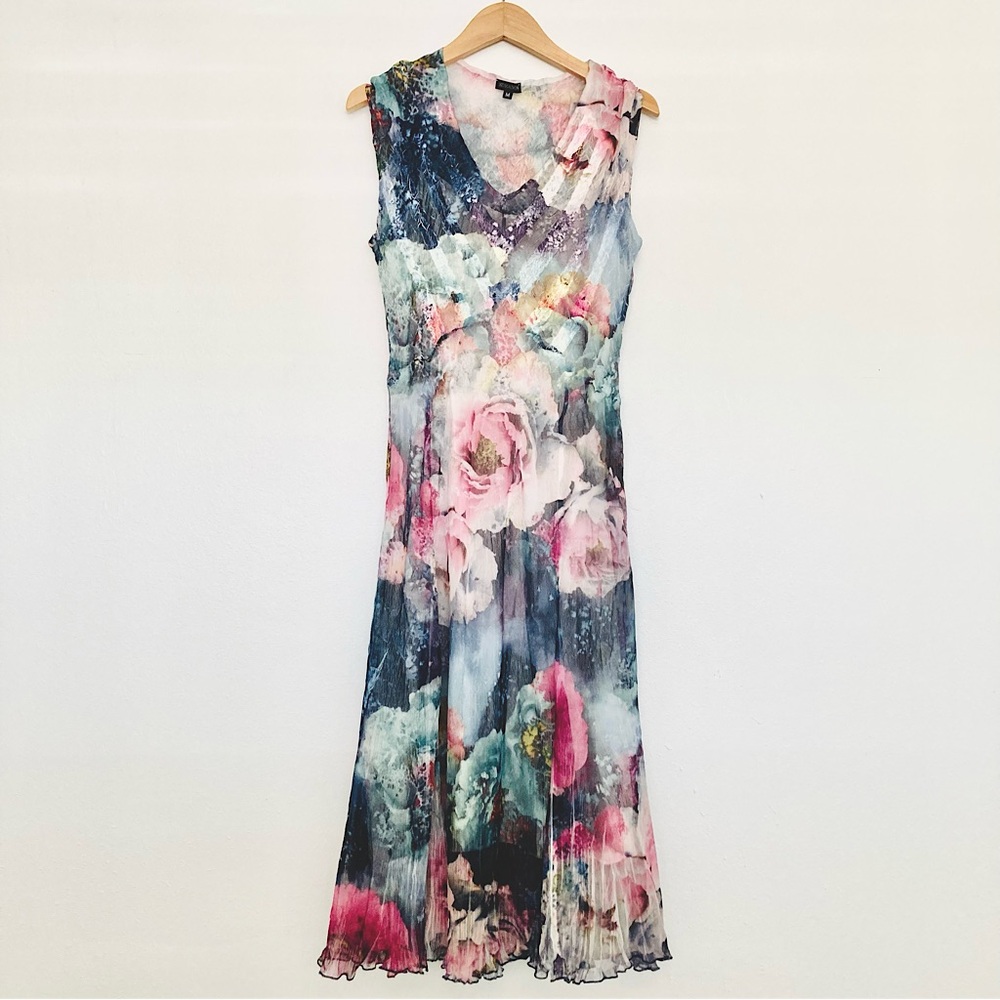 Komarov Print Charmeuse & Chiffon Midi Dress in Pastel Floral sleeveless vneck M